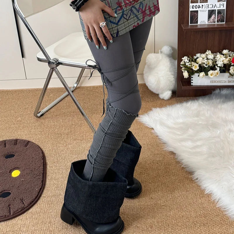Women's Punk DIY Strappy Knee-High Ballet Socks – Y2K Lolita Gothic Japanese JK Mid Tube Stockings Leg Warmers LUNARITY GARAGE