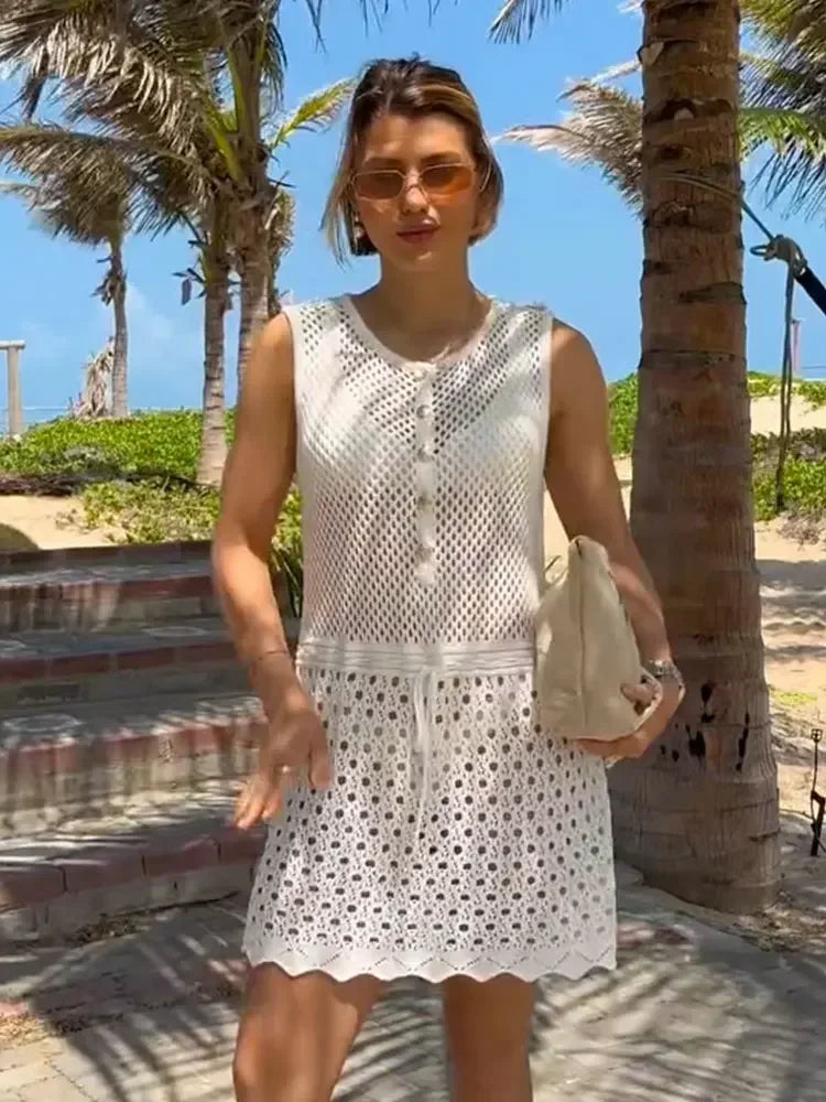 Effortless Charm: The Solid Knit Cut Out Mini Beach Dress cover ups LUNARITY GARAGE