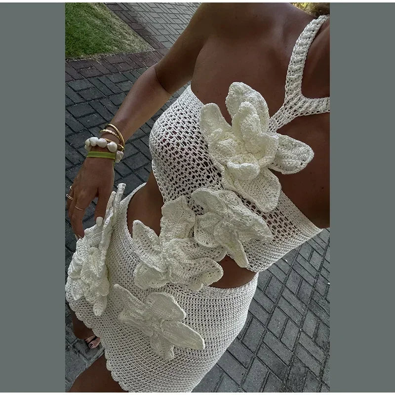 Beach Knit 3D Flower Mini Dress | Sexy Hollow Out Sleeveless Backless Halter Dress for Summer Holiday Dress LUNARITY GARAGE