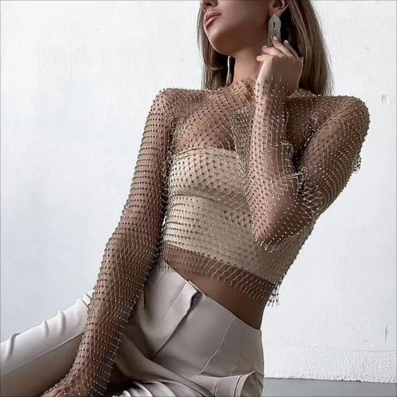 Women Sexy Mesh See Through T Shirt Shiny Rhinestone Fishnet Hollow Out Crop Top Long Sleeve Beach Cover Up Party Club Tank Tops LUNARITY GARAGE