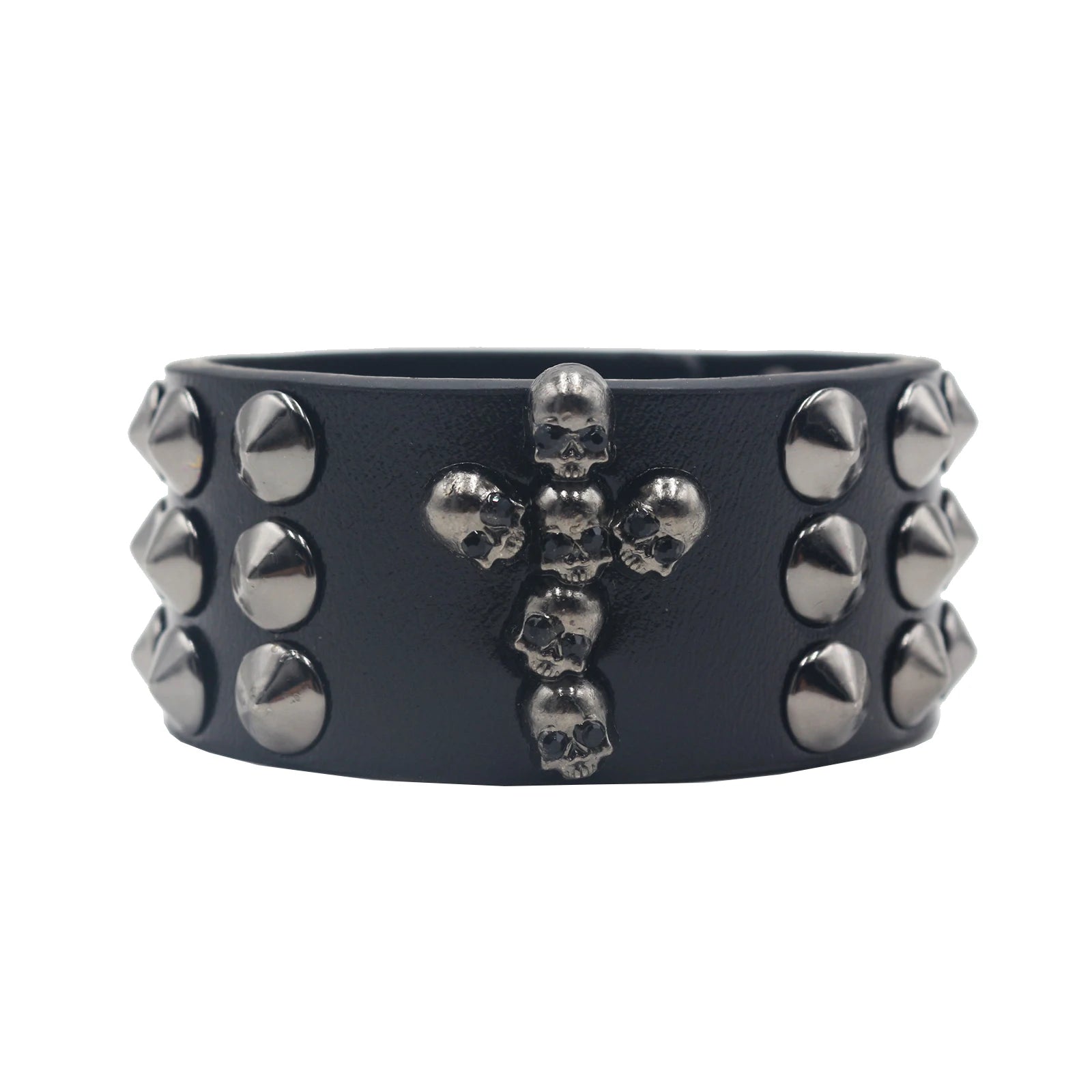 Skull Cross Rivet Wide Cuff Bracelet – Genuine Leather Punk Rock Bangle Bracelets LUNARITY GARAGE Cross03