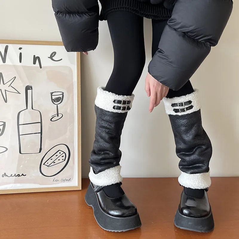 Punk Thickened Lamb’s Wool Suede Leg Warmers – Y2K Winter Knee Warmers with Plush Fur Ball Detail Leg Warmers LUNARITY GARAGE   