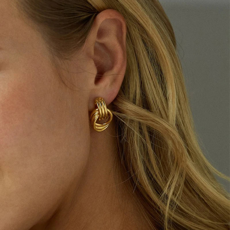 Vintage Three Layers Mini Knot Stud Earrings for Women Gold Plated Twisted Small Circle Stainless Steel Earring Punk Jewelry Earrings Lunarity Garage   