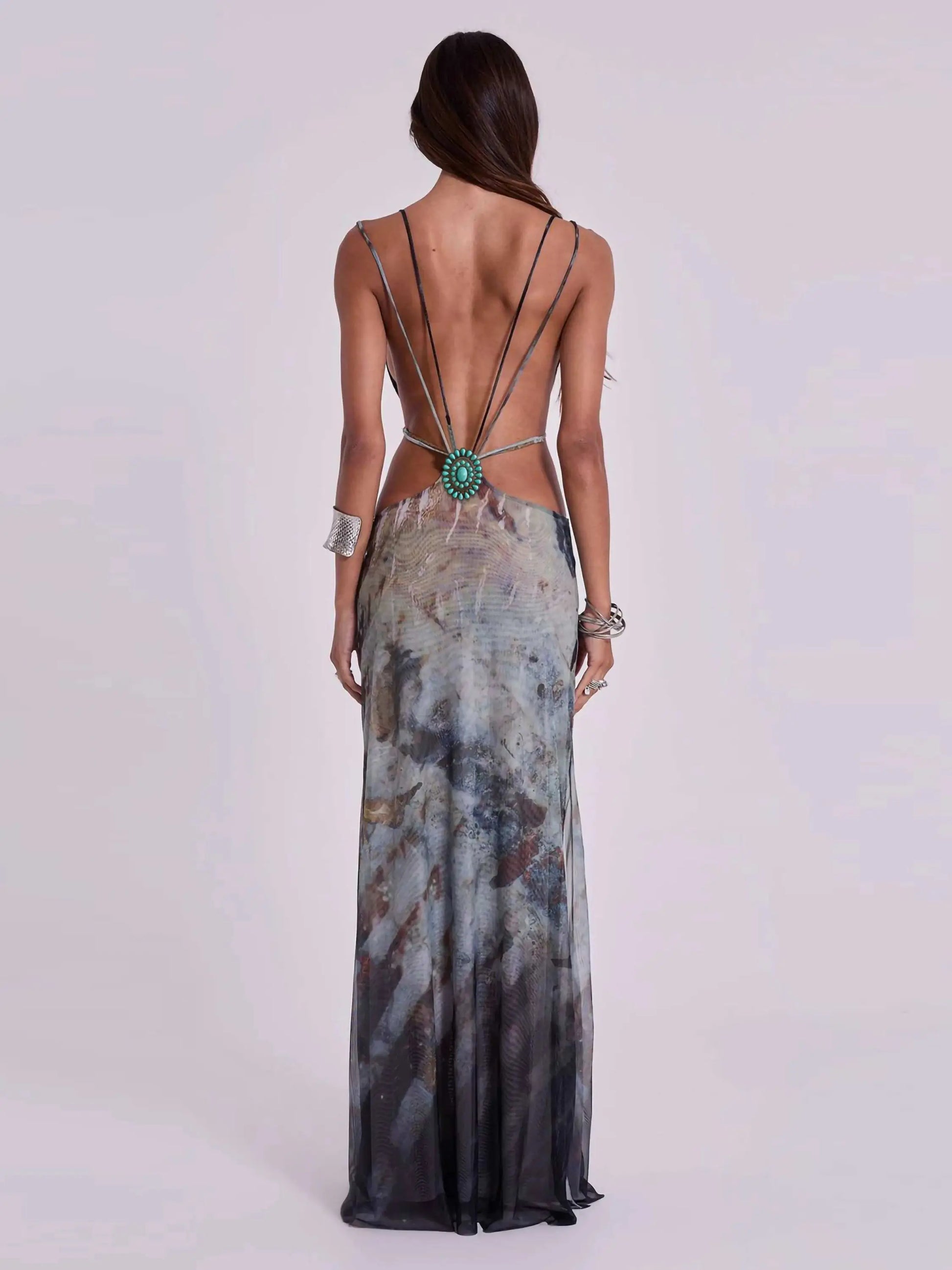 V-Neck Long Dress Women | Summer Party Cut Out Slit Maxi Dress | Ruched Print Holiday Beach Robe Dress LUNARITY GARAGE