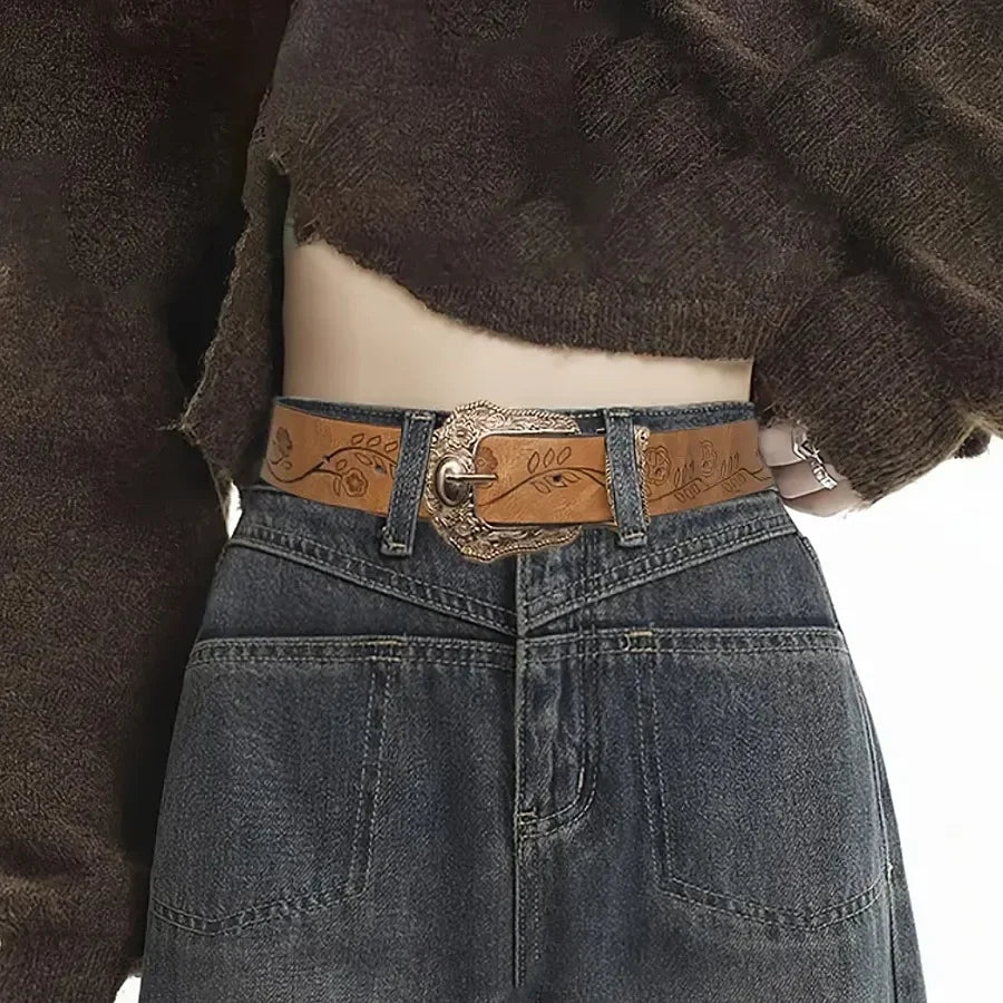Goth Vintage Pattern Print Belt - Designer Metal Buckle PU Leather Y2K Waistband Belt LUNARITY GARAGE