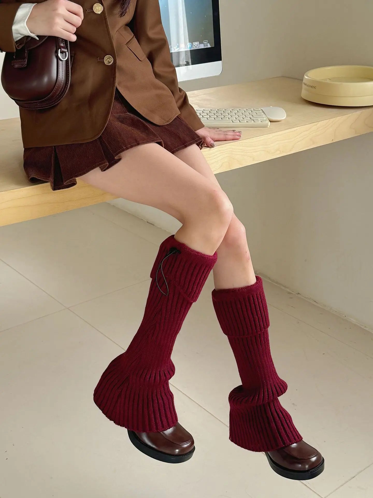 Elastic Drawstring Knitted Leg Warmers – Y2K Winter Calf Socks for Women, Korean JK Style Leggings Leg Warmers LUNARITY GARAGE Red 43cm