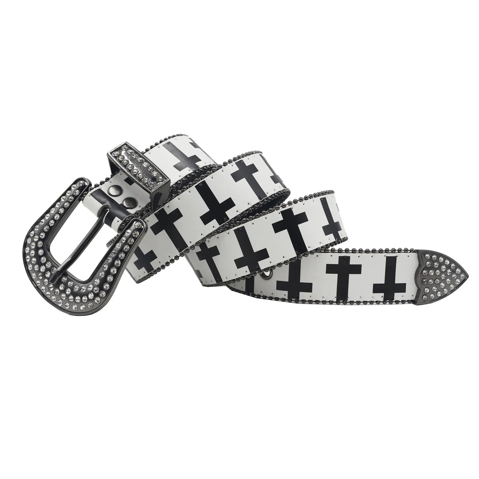Black & White Cross Rhinestone Belt - Y2K Gothic Trend PU Leather Belt LUNARITY GARAGE
