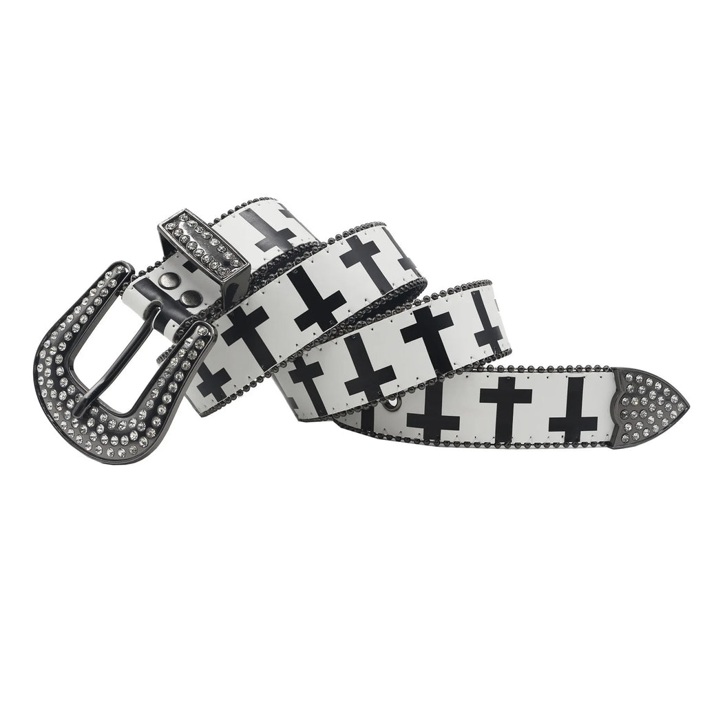 Black & White Cross Rhinestone Belt - Y2K Gothic Trend PU Leather Belt LUNARITY GARAGE