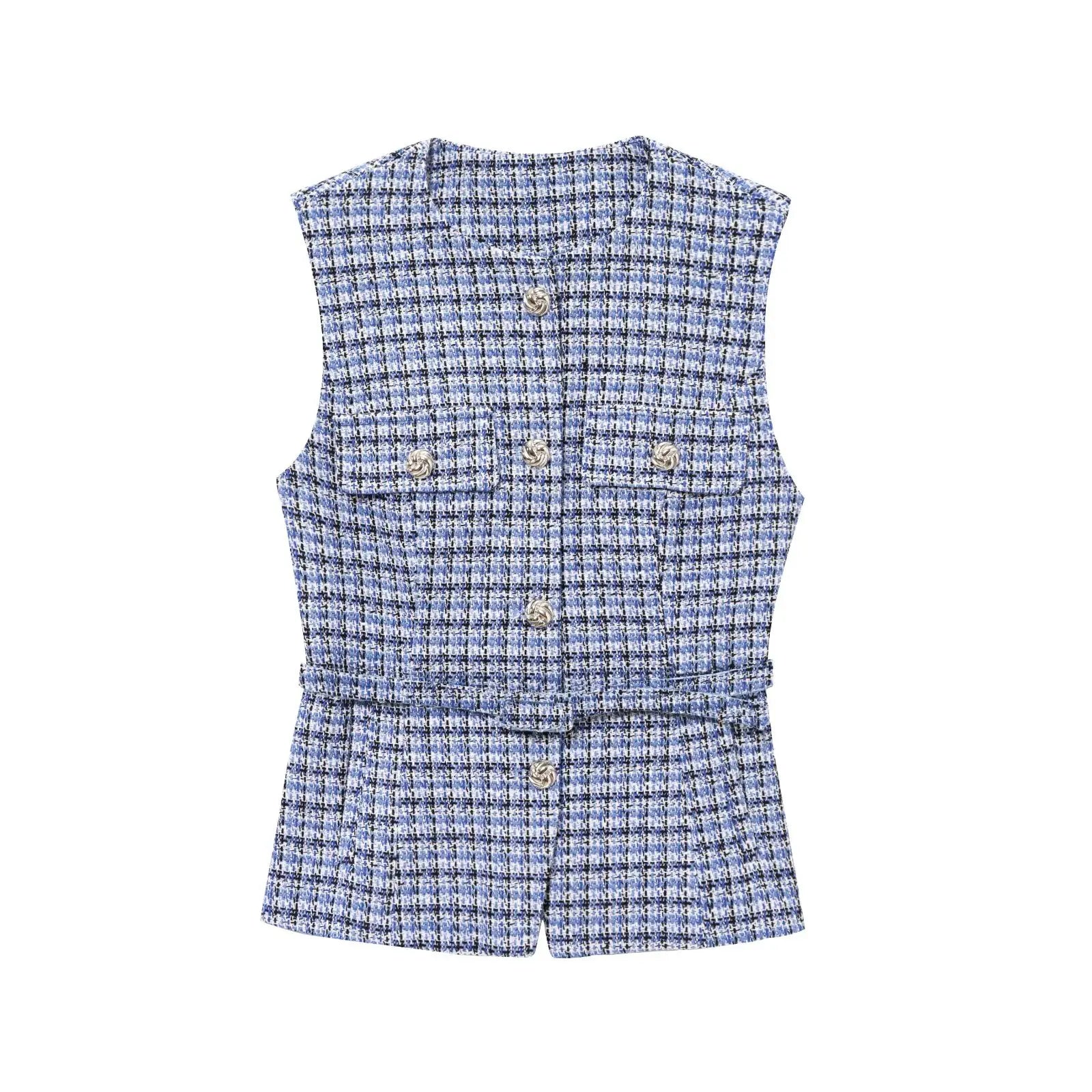 Women's Chic O-Neck Sleeveless Texture Vest Top | Elegant Button Pockets Casual Waistcoat Tops LUNARITY GARAGE Blue Plaid XS