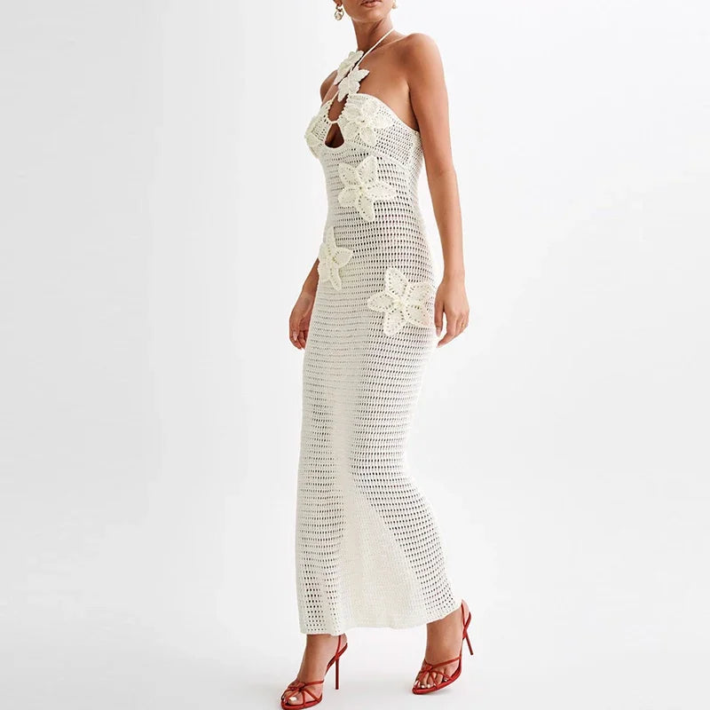 Elegant Beach Vacation Summer Trend Clubwear Bodycon Dress | Appliques Halter Sexy Flower Knit See Through Long Dress beach dress LUNARITY GARAGE White S