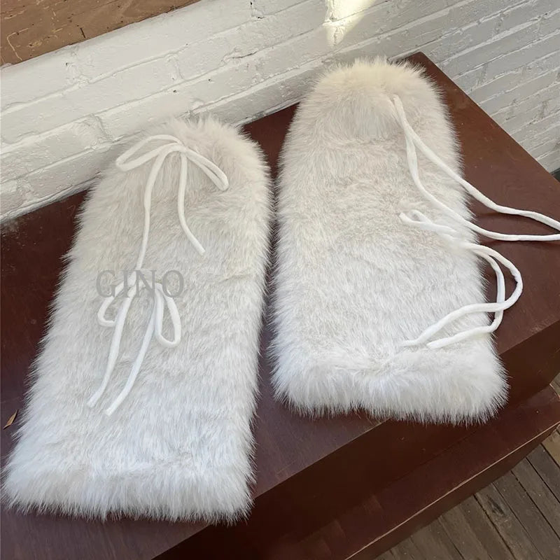 Punk Bow Tie Faux Rabbit Fur Leg Warmers – Y2K Winter Plush Boot Covers for Cold Weather Leg Warmers LUNARITY GARAGE white 45-50cm