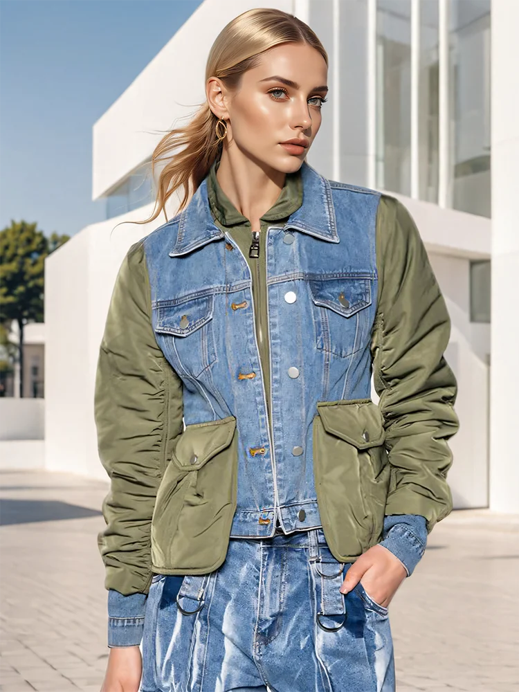 Blue Green Patchwork Denim Jacket - Loose Fit Short Coat with Turn-Down Collar jackets LUNARITY GARAGE Green S 