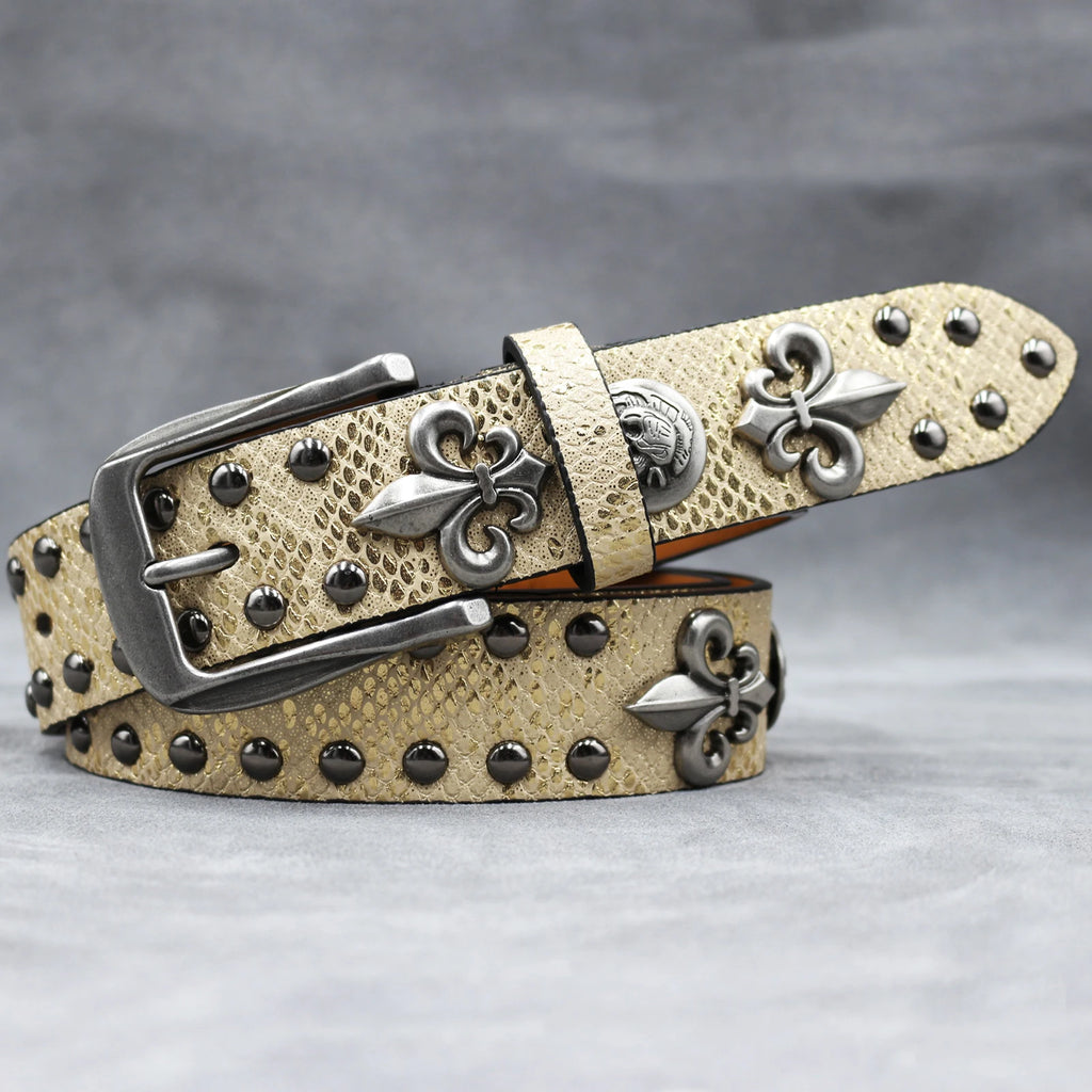 Y2K Leather Rivet Belt – Golden Cross Studded Rock Style belt LUNARITY GARAGE