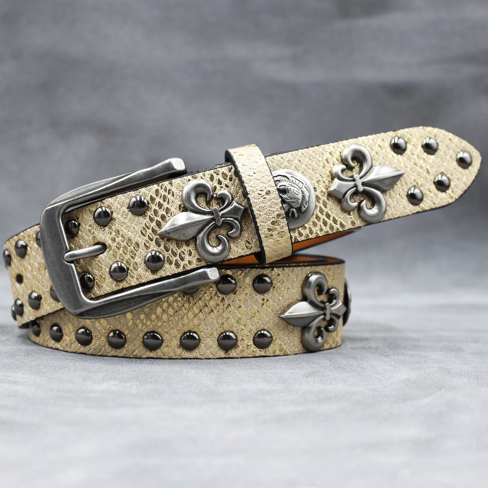 Y2K Leather Rivet Belt – Golden Cross Studded Rock Style belt LUNARITY GARAGE