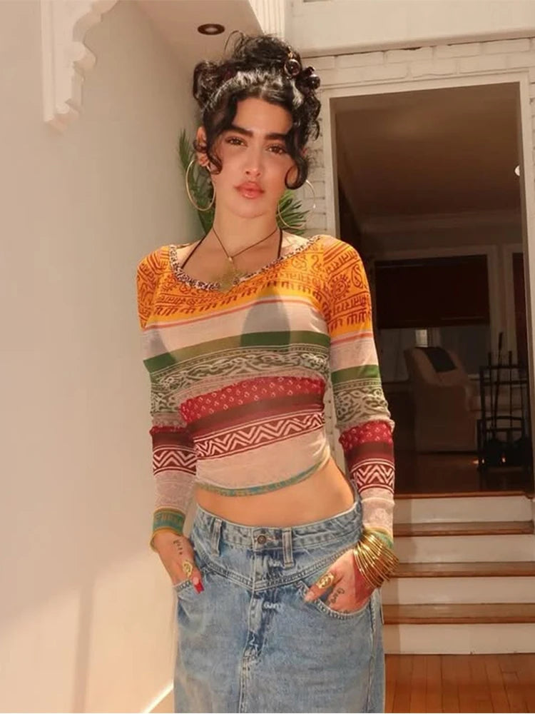 Sheer Mesh Stripe T-Shirt – Trendy & Beach-Ready Tops LUNARITY GARAGE Yellow S