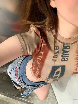 Y2K Harajuku Letter Print Crop Top – Retro Slim Fit Streetwear Tee for Women crop top LUNARITY GARAGE