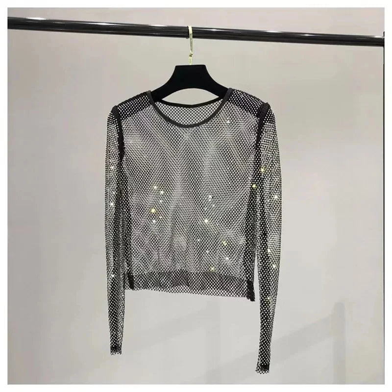Handmade Women Glitter Diamante Crop Top Sexy Hollow Out Crop Tops Clubwear Short Tank Tops Black Shining Tube Vest Diamonds Top Rhinestone Crop Top LUNARITY GARAGE Long-44cm One Size