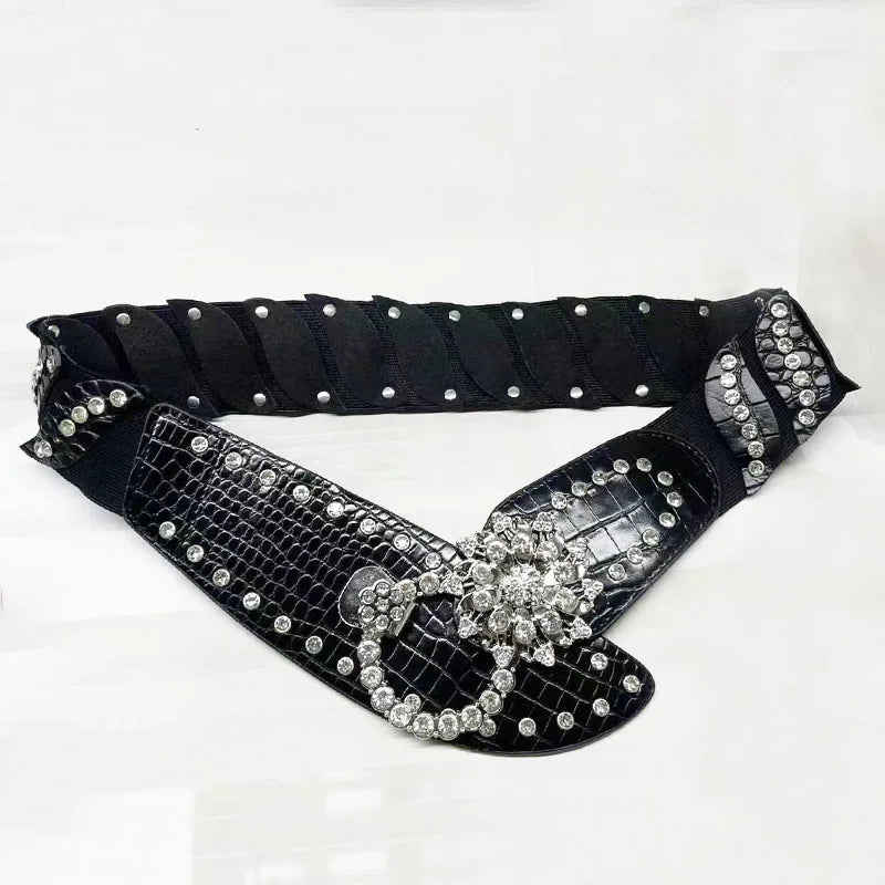 Sexy Rhinestone Flower Belt - Vintage Punk Metal Buckle Y2K Wide Waistband Belt LUNARITY GARAGE