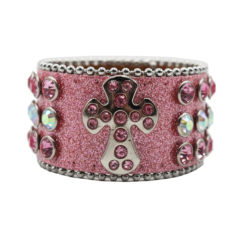 Designer PU Leather Rhinestone Cross Bracelet – Western Bling Statement Piece Bracelets LUNARITY GARAGE Shiny-Pink
