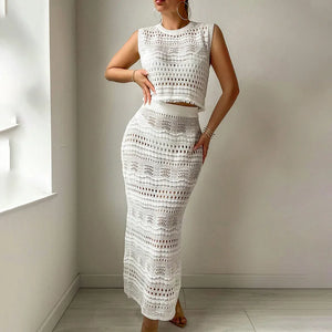 Two-Piece Hollow Out Knitted Beach Dress | 2025 Bikini Cover-Up & Sexy Beach Outfit cover up LUNARITY GARAGE