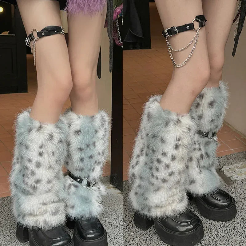 Winter Leopard Print Faux Fur Leg Warmers – Y2K Plush Punk Chain PU Belt, Harajuku Thickened Boots Cover, Fluffy Socks Leg warmer LUNARITY GARAGE