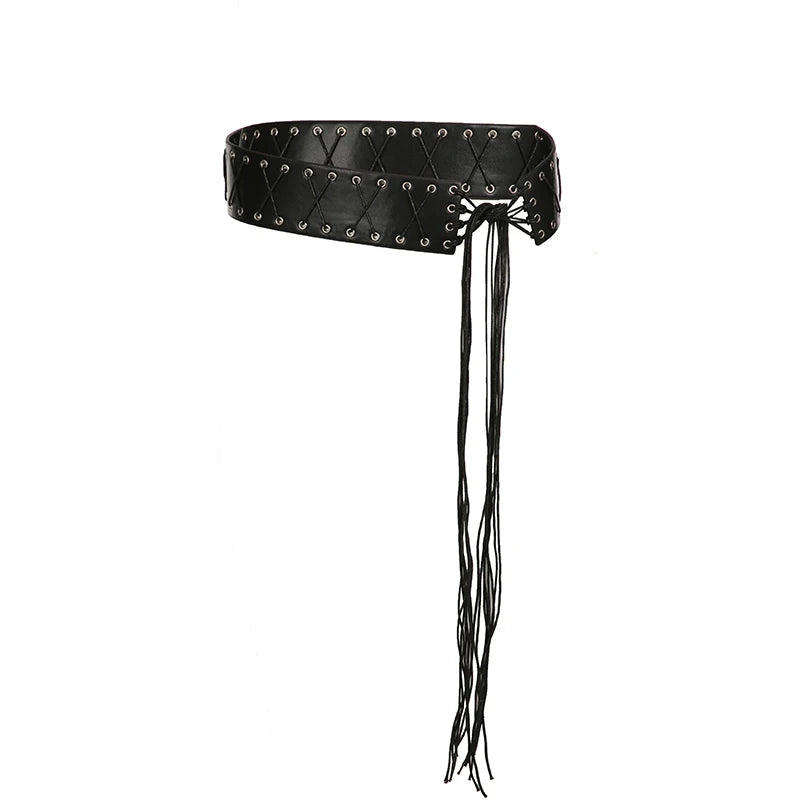 Vintage Bandage Tassel PU Belt – Y2K Hollow Out Decorative Waistband belt LUNARITY GARAGE