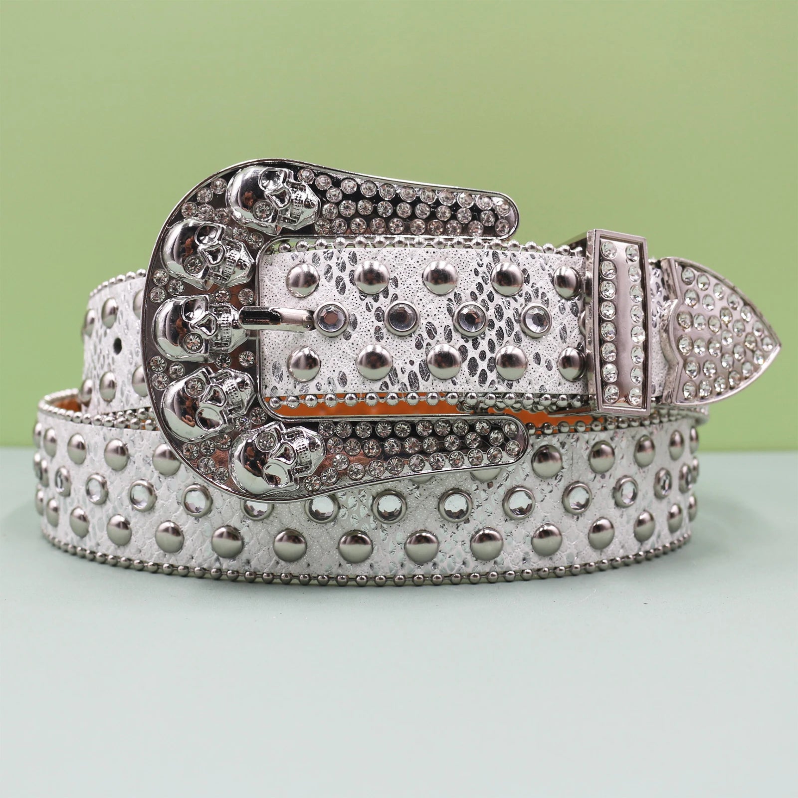 Y2K Skull Studded Full Belt – Bling Crystal Club Party Waistband belt LUNARITY GARAGE Silver 105CM