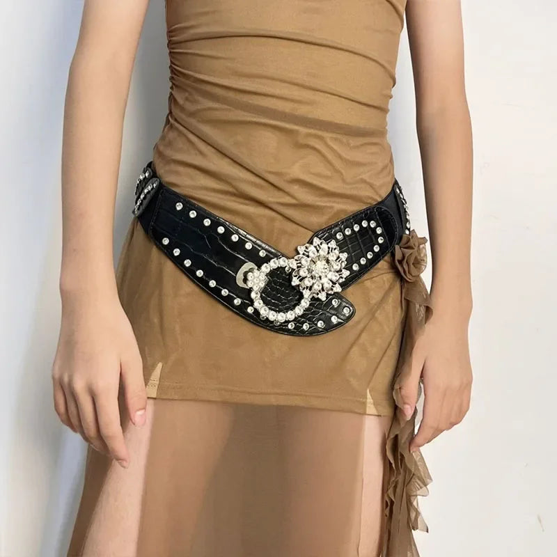 Sexy Rhinestone Flower Belt - Vintage Punk Metal Buckle Y2K Wide Waistband Belt LUNARITY GARAGE