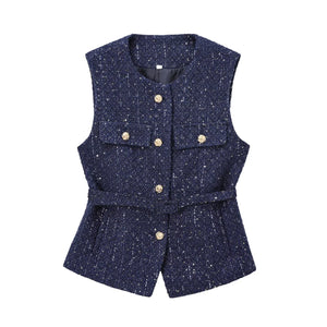 Women's Chic O-Neck Sleeveless Texture Vest Top | Elegant Button Pockets Casual Waistcoat Tops LUNARITY GARAGE Navy Blue XS