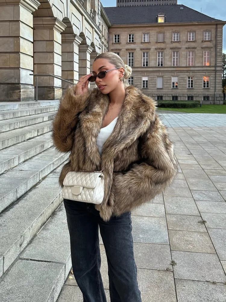 Winter Luxury Lapel Thicken Fluffy Fur Coat – Chic Brown Oversized Plush Jacket Jackets LUNARITY GARAGE Brown S