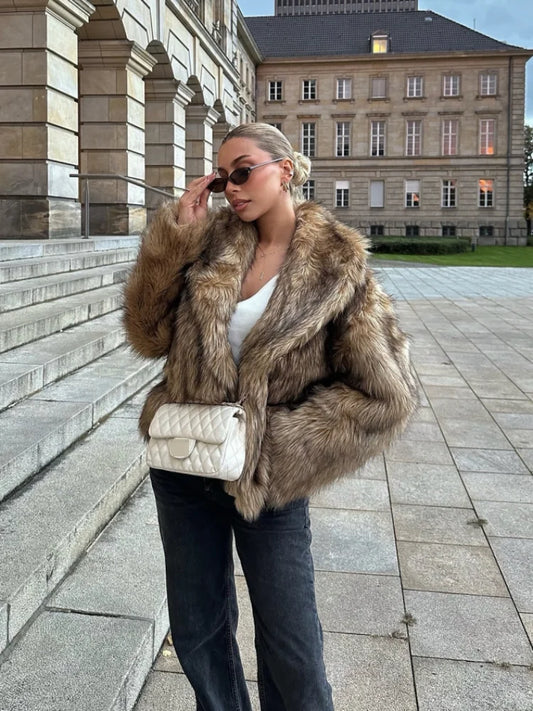 Winter Luxury Lapel Thicken Fluffy Fur Coat – Chic Brown Oversized Plush Jacket Jackets LUNARITY GARAGE