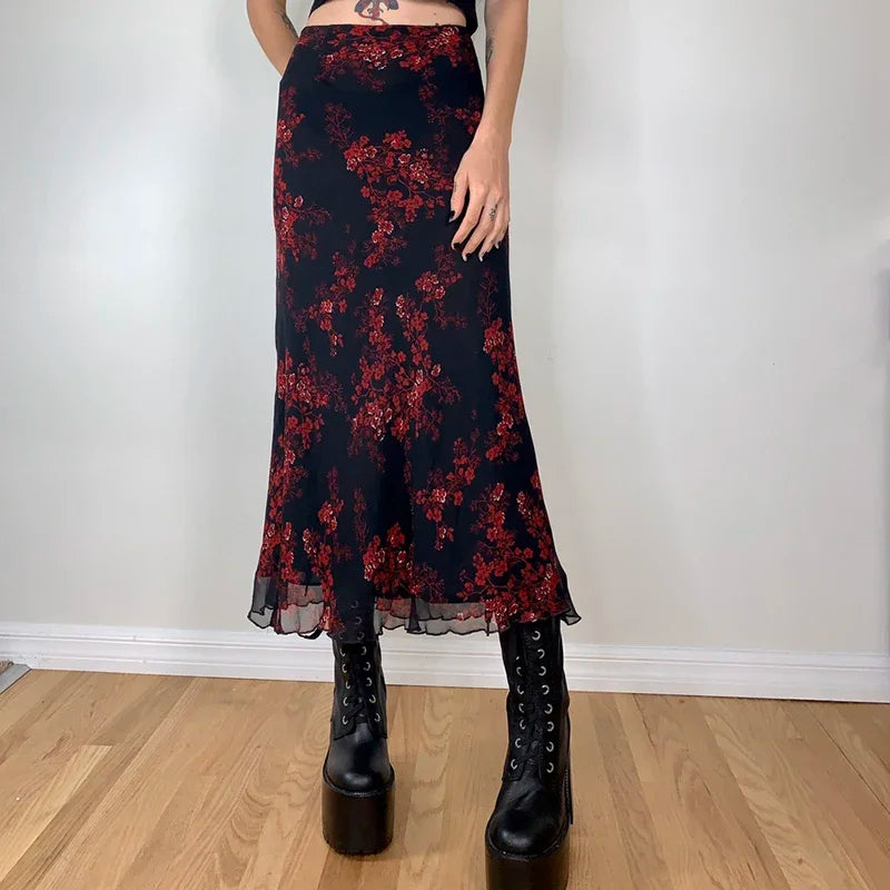Combhasaki Women's Y2K Retro Vintage Floral Printed High Waist Ruffled Elegant Elastic Waist Long Skirts Street Style Bottoms skirt LUNARITY GARAGE S