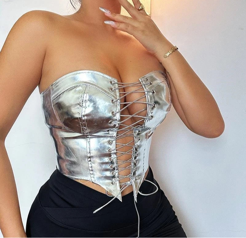Women PU Leather Bustier Crop Top with Asymmetrical Strapless Lace-Up Design Tops LUNARITY GARAGE