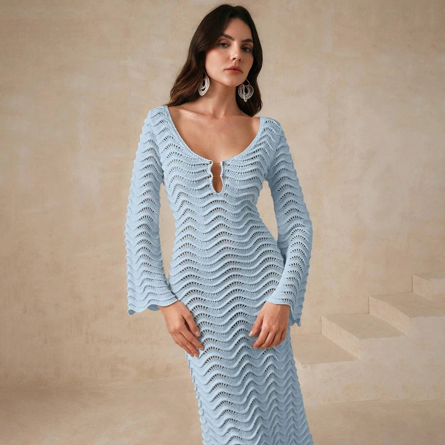 crochet fishtail flare sleeve maxi dress @Meshki In love Item 1 -Kayleigh Crochet Fishtail Flare Sleeve Maxi Dress - White Item 2 -Marina Sleeveless Buttoned Knit Midi Dress