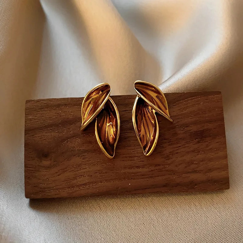 Brown Leaf Geometry Stud Earrings - Trendy Metal Plant-Inspired Push-Back Studs Earrings Lunarity Garage   