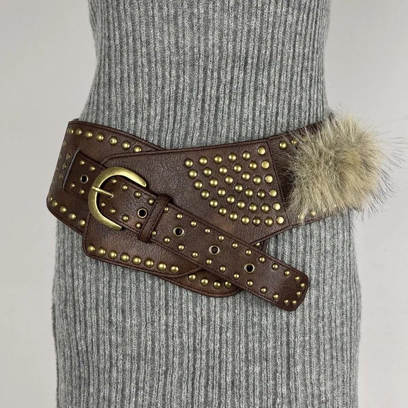 Punk Studded Fur Belt - Vintage Cowgirl Y2K Gothic Waistband for Night Club Dress Belt LUNARITY GARAGE Brown 180X5cm