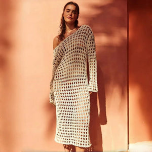 Hollow Out Knit Maxi Beach Dress covers up LUNARITY GARAGE Beige S