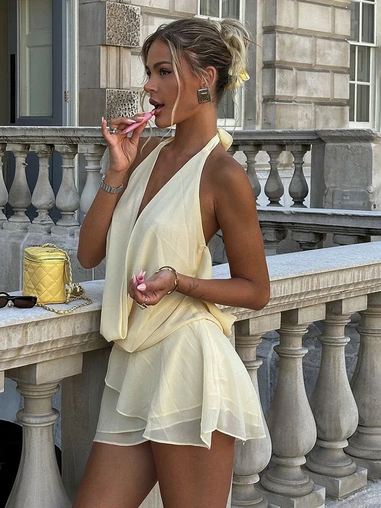 Draped Backless Halter Mini Dress – Sexy See-Through Deep V Neck Lace Up Beach Dress for Women Dress LUNARITY GARAGE