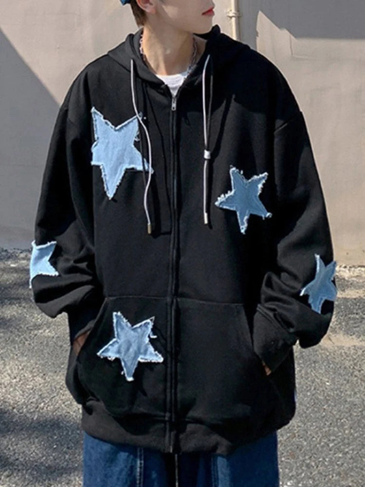 Emo Star Patch Oversized Zip-Up Hoodie – Y2K Vintage Streetwear Jackets Lunarity Garage