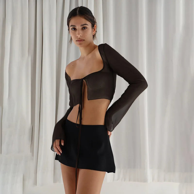 Vintage Aesthetic Y2K Mesh Crop Top – Lace-Up Long Sleeve Grunge T-Shirt for Women crop top Lunarity Garage