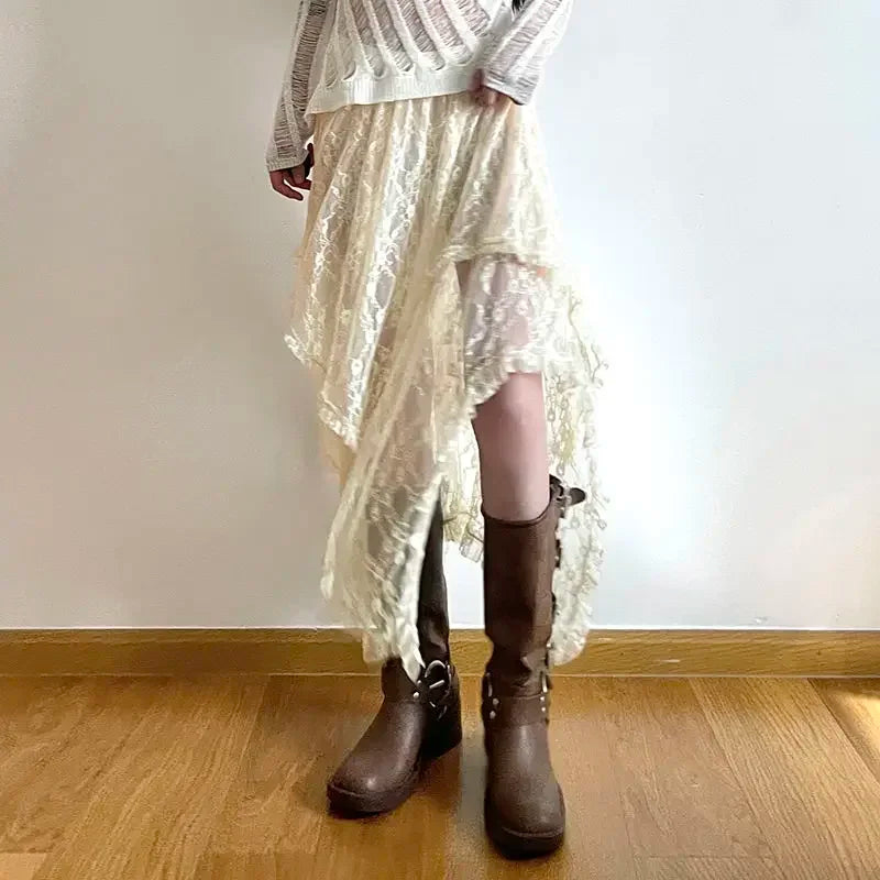 Lace Asymmetrical Skirt Fairycore Women Vintage Y2K Boho Aesthetic Fashion High Waist Mid Skirts Lady Holiday Outfits skirt LUNARITY GARAGE