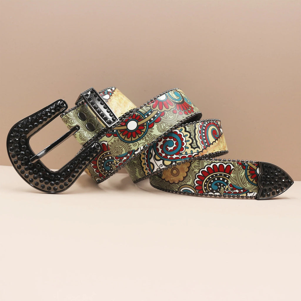 Rhinestone Belt – Chinese Style Print Punk Rock Y2K Waist Belt belt LUNARITY GARAGE