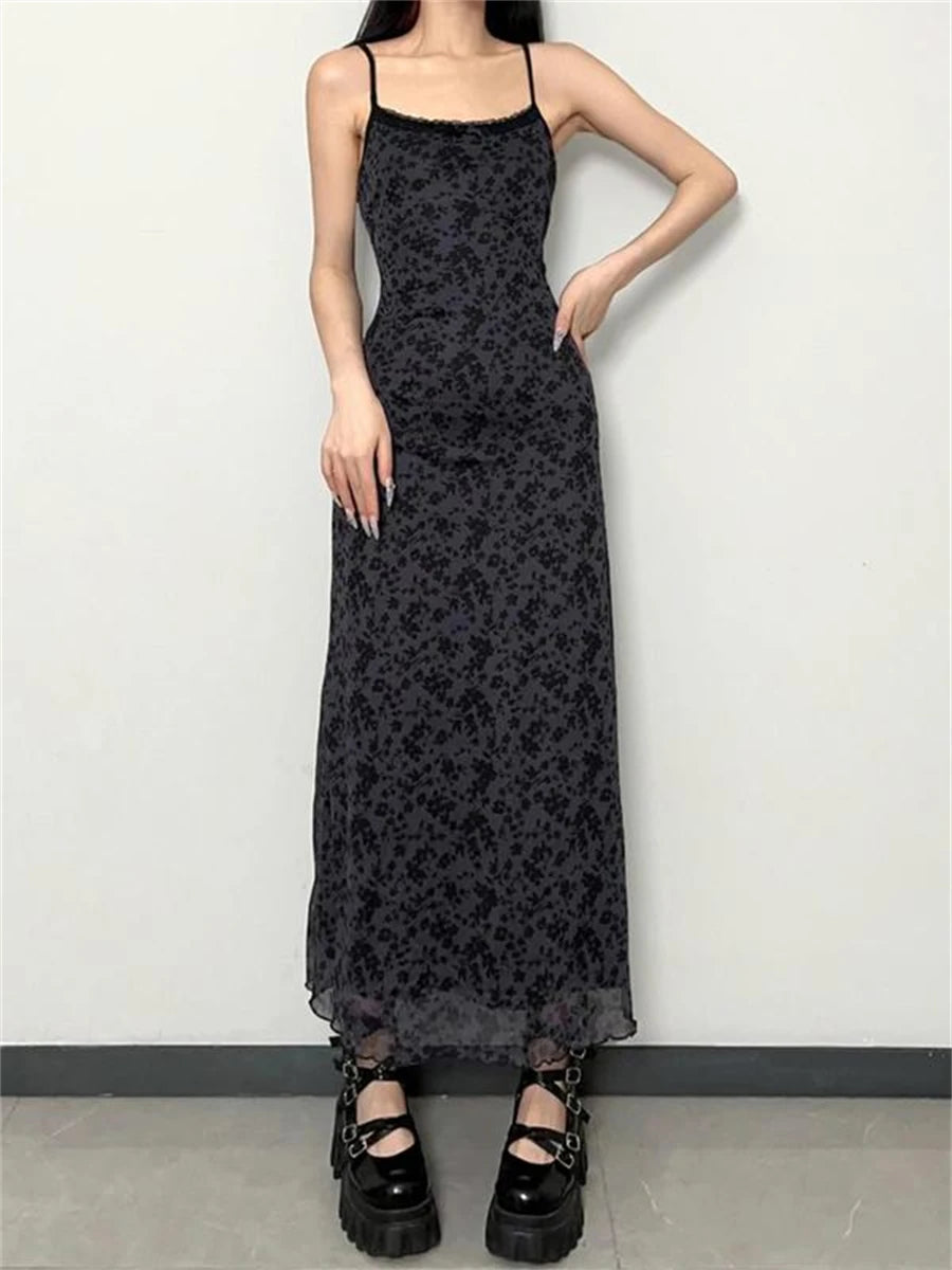 Retro Floral Print Spaghetti Strap Long Dress for Women dress LUNARITY GARAGE Khaki S