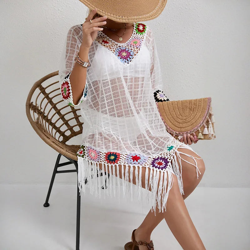 Crochet Flowers Beach Dress – Summer Chiffon Swimsuit Cover-Up cover ups LUNARITY GARAGE