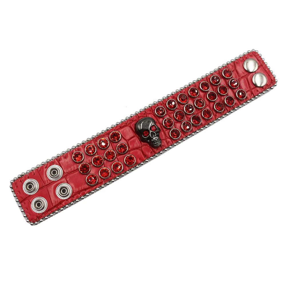 Wide Rhinestone Skull Bracelet – PU Leather Statement Cuff Bracelets LUNARITY GARAGE