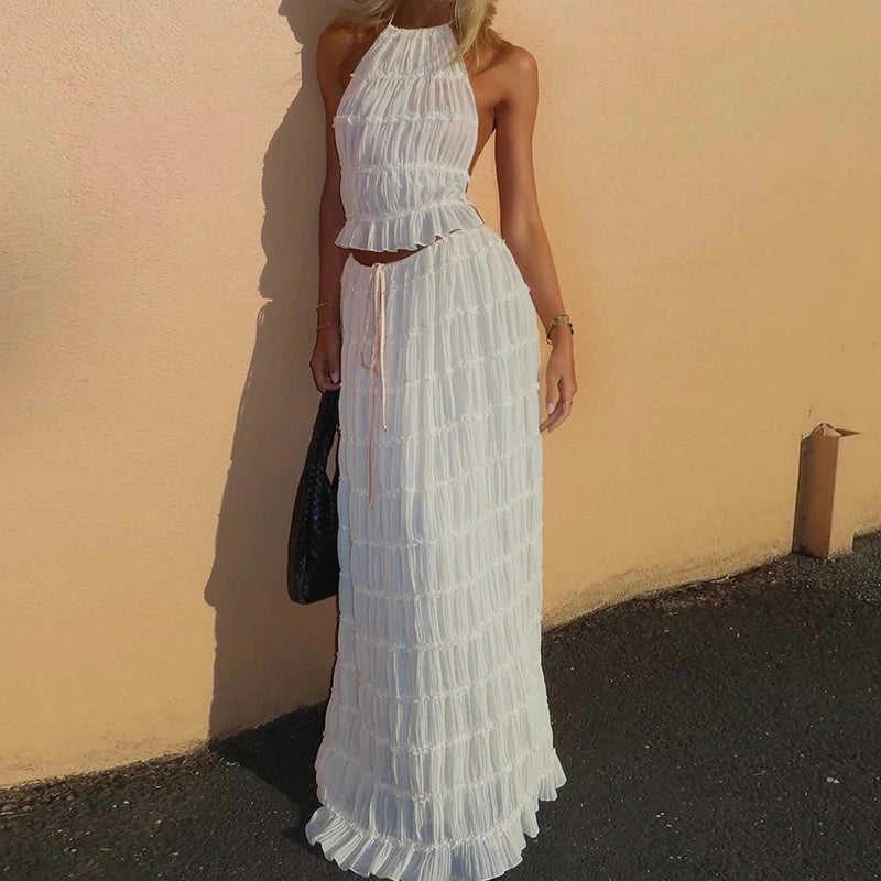 Boho Backless 2-Piece Set – Halter Ruched Cami Top & Maxi Skirt Clothing Set LUNARITY GARAGE