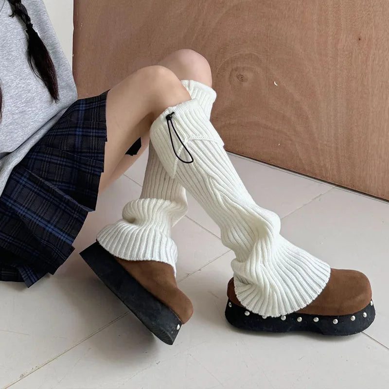 Elastic Drawstring Knitted Leg Warmers – Y2K Winter Calf Socks for Women, Korean JK Style Leggings Leg Warmers LUNARITY GARAGE
