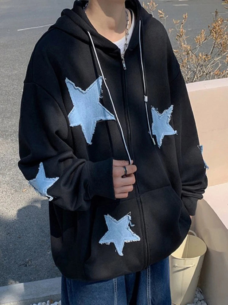 Emo Star Patch Oversized Zip-Up Hoodie – Y2K Vintage Streetwear Jackets Lunarity Garage