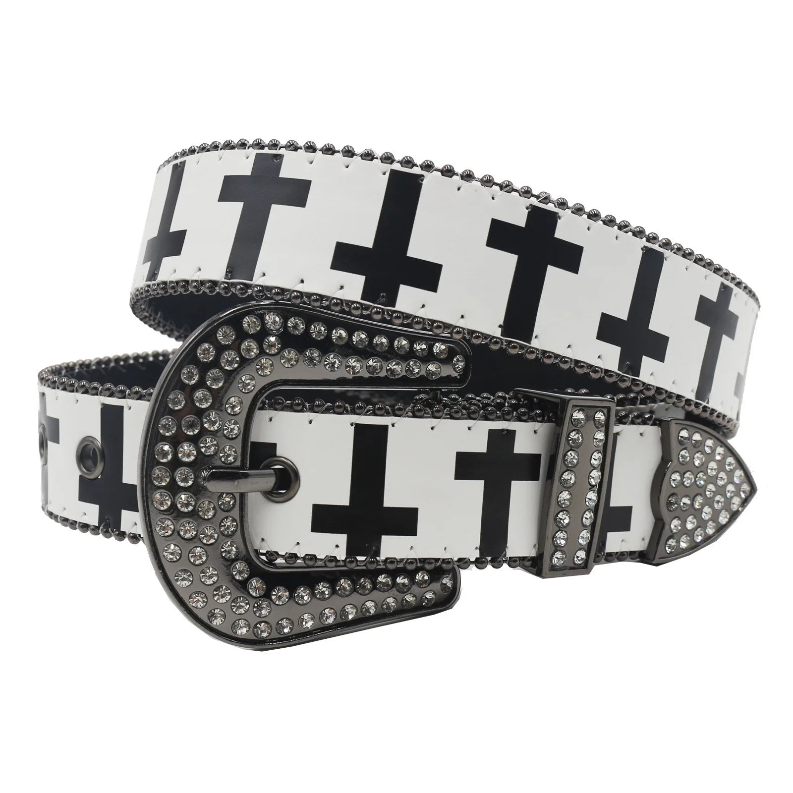 Black & White Cross Rhinestone Belt - Y2K Gothic Trend PU Leather Belt LUNARITY GARAGE White 105cm