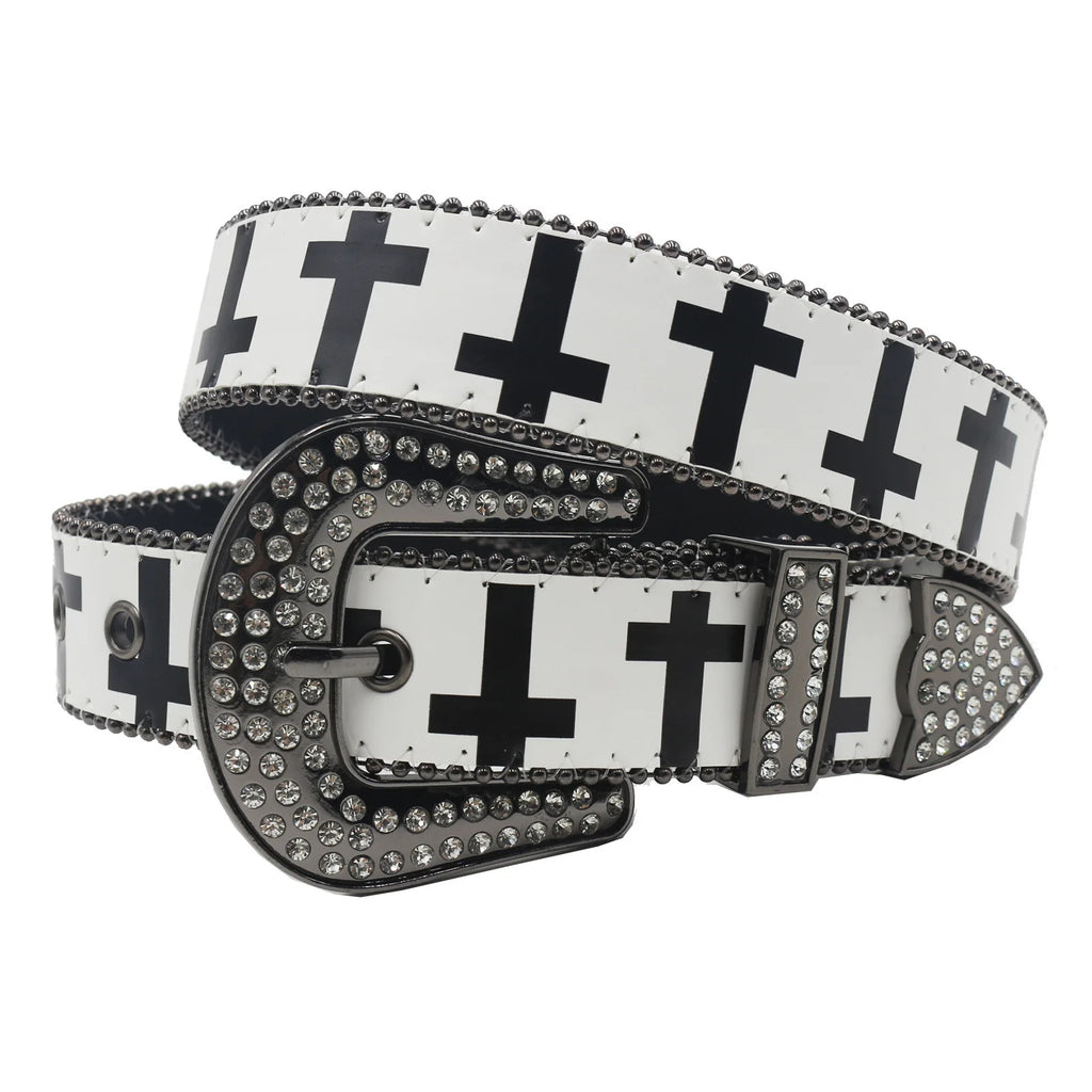 Black & White Cross Rhinestone Belt - Y2K Gothic Trend PU Leather Belt LUNARITY GARAGE White 105cm